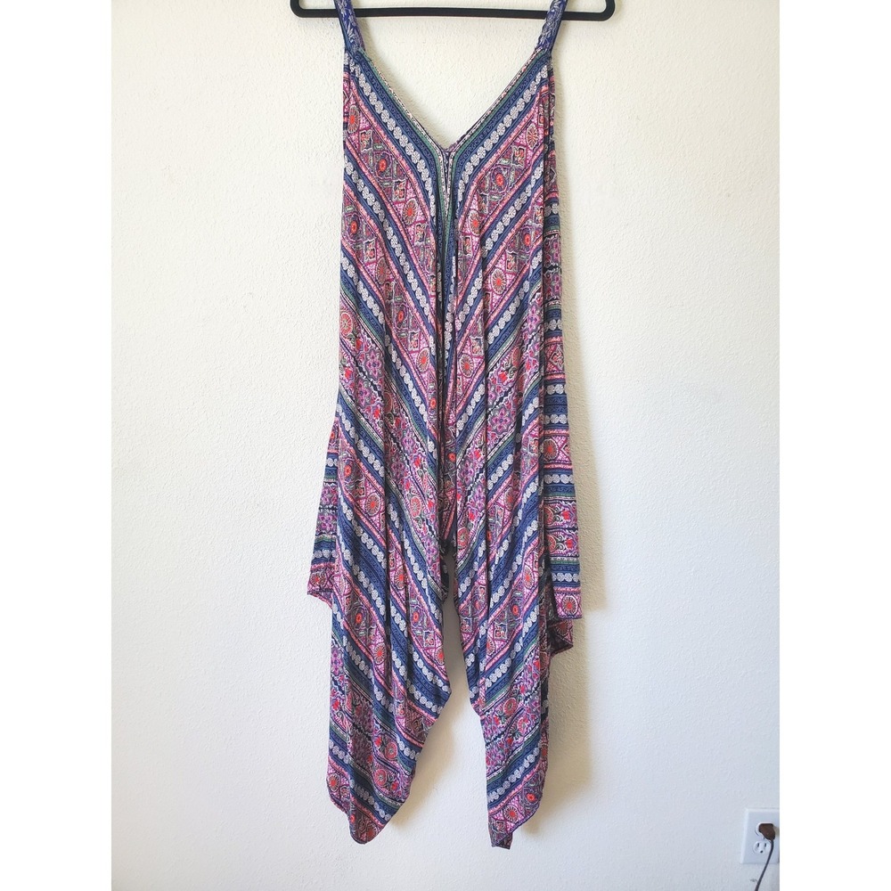 Angie‎ Womens Large Rayon Harem Jumpsuit Boho Paisley Print Blue Festival Hippie - Picture 6 of 7